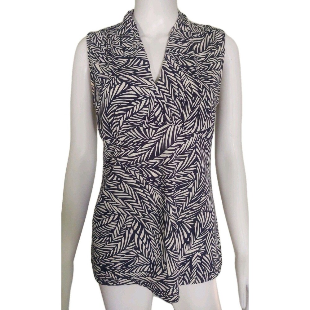 Banana Republic Women's V-Neck Sleeveless Size M Career Blouse Navy Blue White